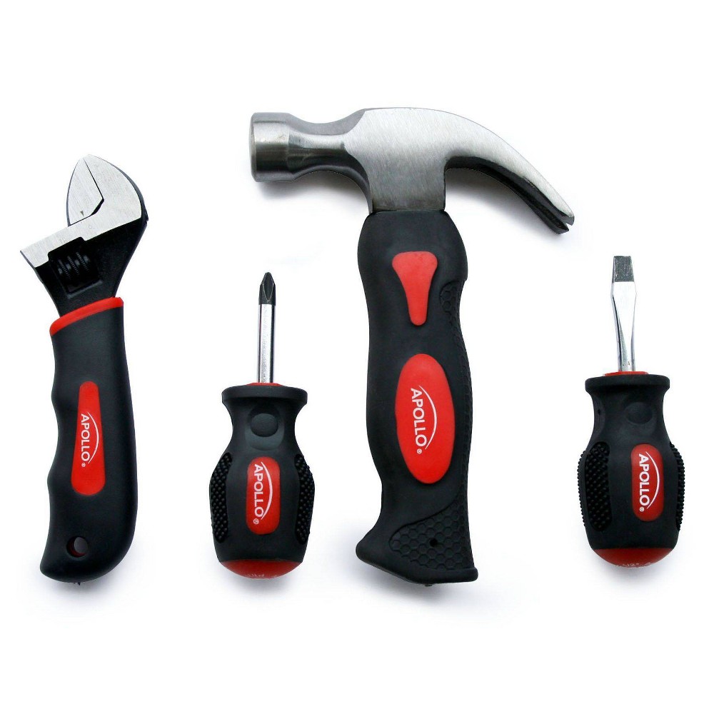 Apollo Tools 4pc DT0240 Stubby Set Red: Small Tool Set with Screwdriver, Wrench & Hammer, Comfort-Grip, Easy Storage