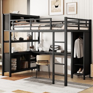 Full/Queen Size Metal Loft Bed with Wardrobe and L-Shaped Desk, Heavy-Duty Loft Bed with Storage Cubes and Shelves, White/Black - ModernLuxe - 1 of 4