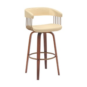 HomeRoots 31" Cream And Wood Brown Faux Leather Swivel Bar Height Bar Chair - 1 of 4
