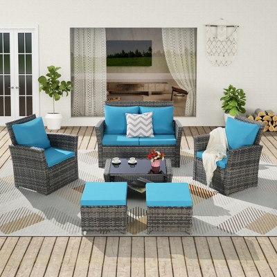 6PCS Wicker Patio Furniture Set, Outdoor Conversation Set, Sectional Sofa Couch with Coffee Table for Porch Garden Backyard Poolside