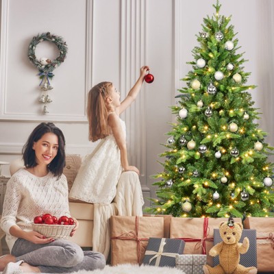 6 FT Pre-Lit Artificial Christmas Tree with 350 Warm White LED Lights and 1228 Tips, PE+PVC Hinged Tree with Metal Stand