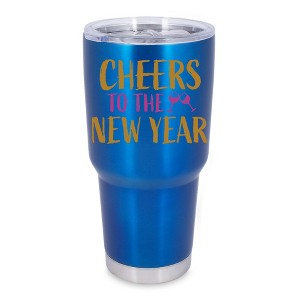 100 North 30 Ounce Stainless Steel On the Go Travel Tumbler With Push Top Lid, Cheers to the New Year Blue - 1 of 4