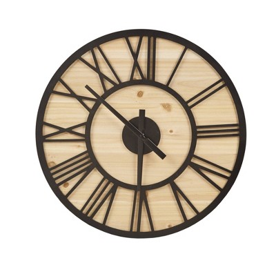 23.6" Mason Wood Wall Clock Natural/Black - Madison Park: Farmhouse Style, Roman Numerals, Indoor Decor