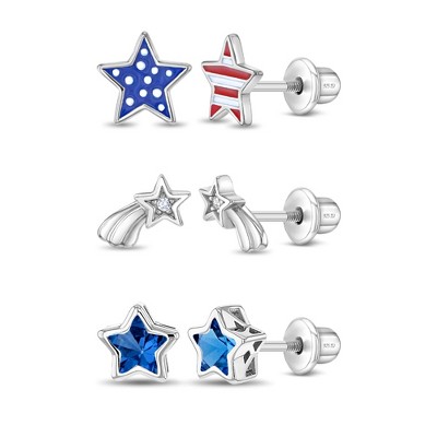 Girls' Patriotic Star Trio Screw Back Sterling Silver Earrings Set - In Season Jewelry