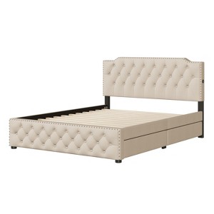 Linen Upholstered Bed with 2 Drawers & Dual USB Ports - Stylish & Functional - 1 of 3
