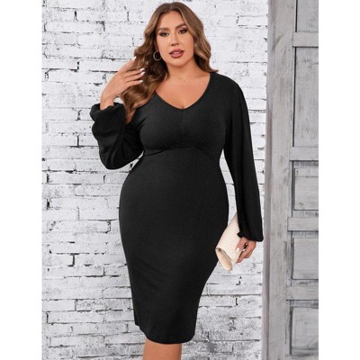 Coolmee Women Plus Size Elegant V-Neck Lantern Long Sleeve Knit Bodycon Wrap Midi Dress