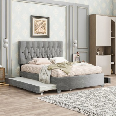 Kumasinova Queen Bed Frame with Storage Drawers,Bed Frame Queen Size with Trundle,Upholstered Platform Bed Frame Queen Size with Velvet Headboard
