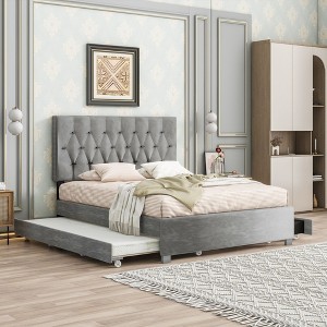 Kumasinova Queen Bed Frame with Storage Drawers,Bed Frame Queen Size with Trundle,Upholstered Platform Bed Frame Queen Size with Velvet Headboard - 1 of 4