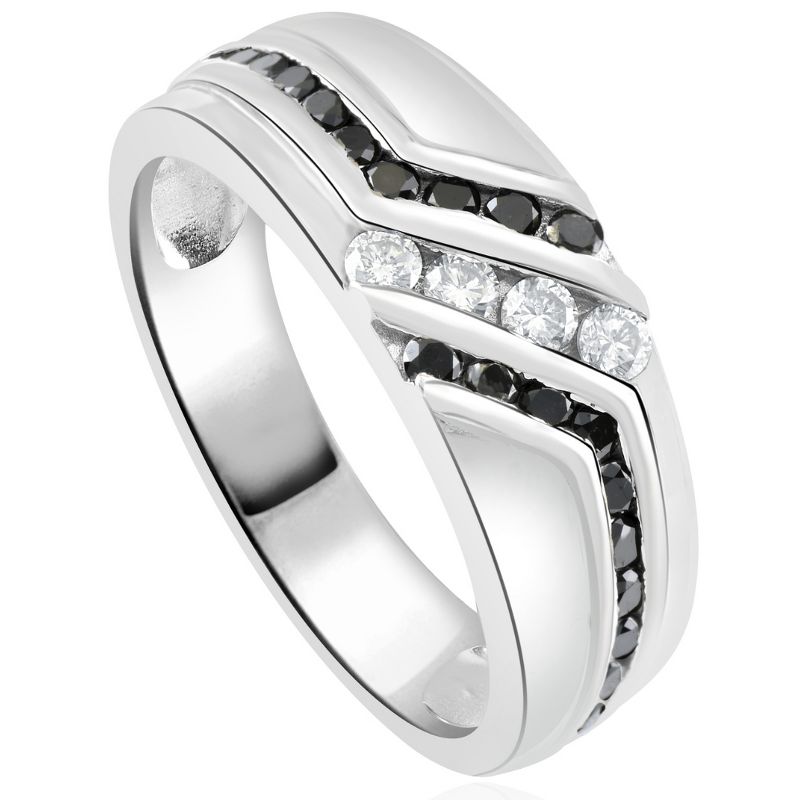 Pompeii3 1 Ct TW Mens Black & White Diamond Wedding Band 10k White Gold Ring, 2 of 5