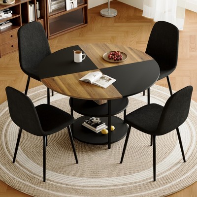 5 Piece Dining Set Splicing Round Dining Table Set Kitchen Table Set with 4 Dining Chairs&Double-layer Storage Table-ModernLuxe