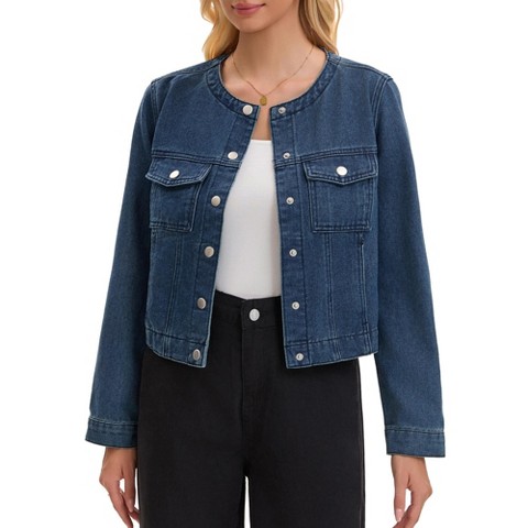 INSPIRE CHIC Women's Crew Neck Western Long Sleeve Chest Pockets Denim Cropped Jean Jackets XX-Large Vintage Blue
