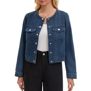 INSPIRE CHIC Women's Crew Neck Western Long Sleeve Chest Pockets Denim Cropped Jean Jackets - 1 of 4