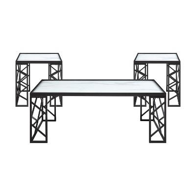 Vynxaria Series 22 in. Black Square Glass End Table with White Marble Print Tempered Glass Top and Metal Frame