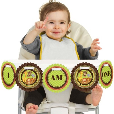 Big Dot of Happiness Funfari - Fun Safari Jungle 1st Birthday Highchair Decor - I Am One - First Birthday High Chair Banner