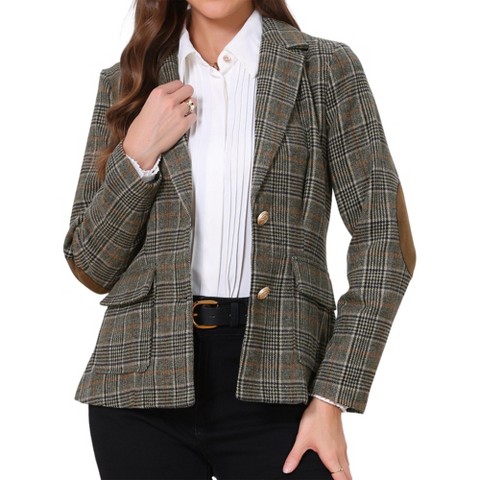 INSPIRE CHIC Women's Notched Lapel Long Sleeves Faux Suede Elbow Patches Single Breasted Plaid Blazer with Pockets X-Small Coffee Plaid