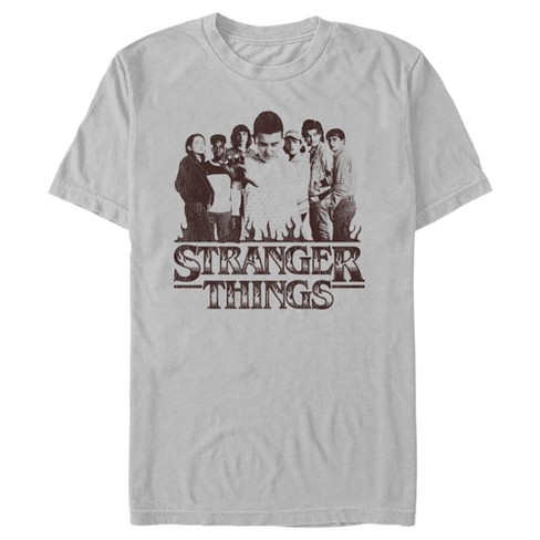 Men's Stranger Things Group Shot And Flaming Logo T-shirt - Silver - 3x ...