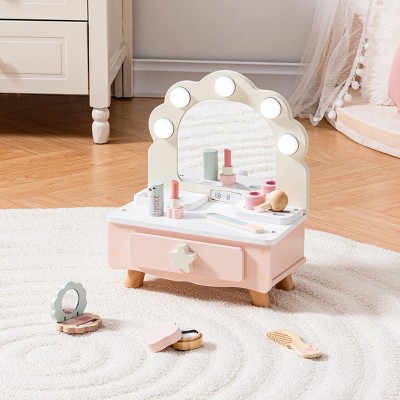 ROBOTIME Doll Furniture Pretend Makeup Table Set, Kid Dressing Table Toy, Dollhouse Furniture, Kid Gift for Girl, Pink, 6.2"*11.4"*13.8"