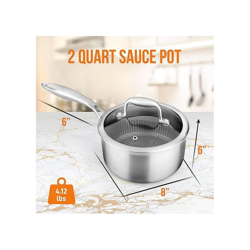 NutriChef 2 QT Stainless Steel Triply Sauce Pot with Glass Lid, 2 of 8