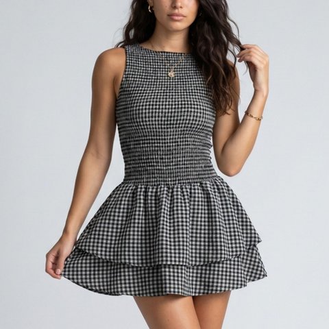 Женские платья Anna-Kaci Women's Gingham Sleeveless Smocked Mini Dress with Tiered Ruffle Skirt - Large, Black
