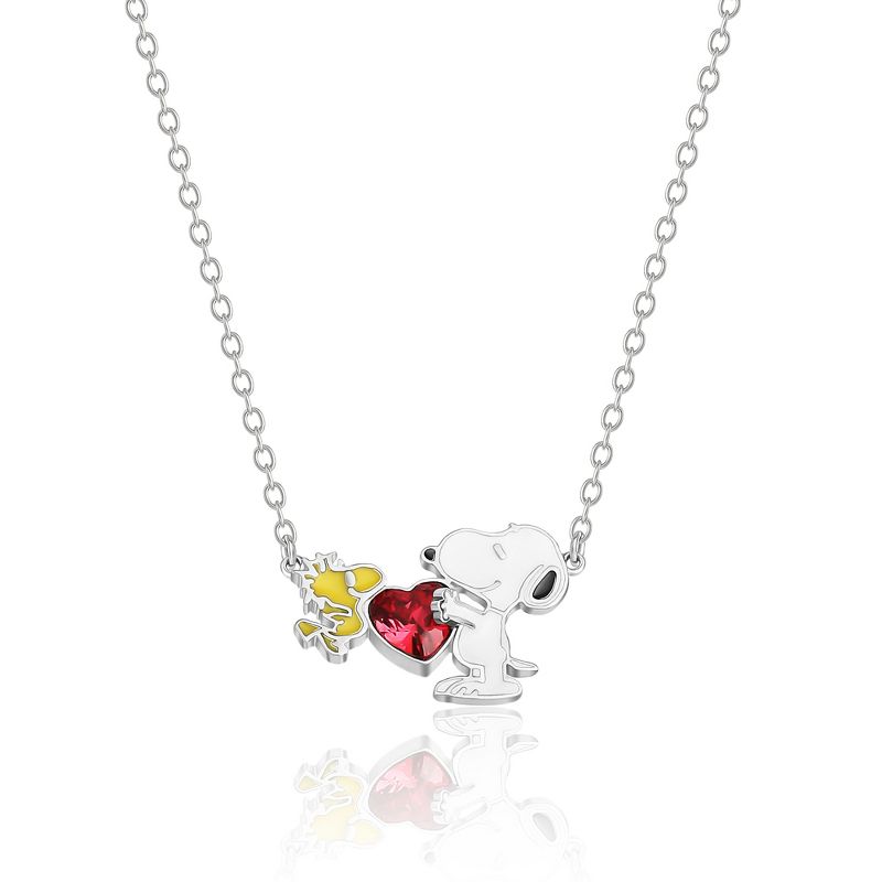 Peanuts Womens Snoopy and Woodstock Red Crystal Silver Plated Heart Necklace, 18'', 1 of 6
