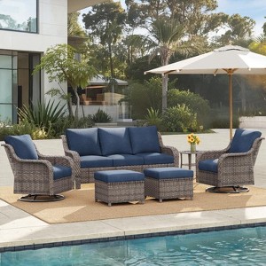 SUGOLD 6-Piece Wicker Patio Conversation Set with 3-Seat Sofa, 2 Swivel Rocking Chairs, 2 Ottomans, Side Table, Comfortable Blue Cushions - 1 of 4