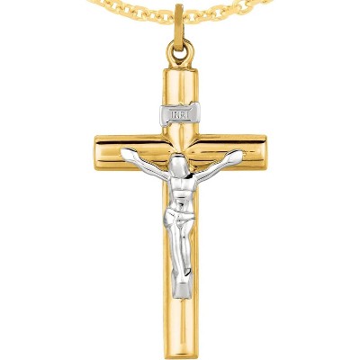 14k Yellow Gold 1.7" Classic INRI Jesus Crucifix Two-Tone Cross Charm Pendant with optional Adjustable Chain Necklace