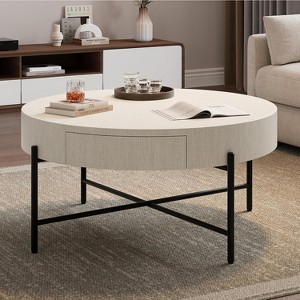 Round Coffee Table with Drawers Circle Living Room Table Wood Accent Coffee Table with Storage White Center Table - 1 of 4