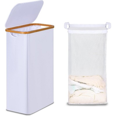 Laundry Basket with Lid, Narrow Laundry Hamper with Removable Bag, Skinny Dirty Clothes Basket with Bamboo Handles