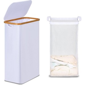 Laundry Basket with Lid, Narrow Laundry Hamper with Removable Bag, Skinny Dirty Clothes Basket with Bamboo Handles - 1 of 4