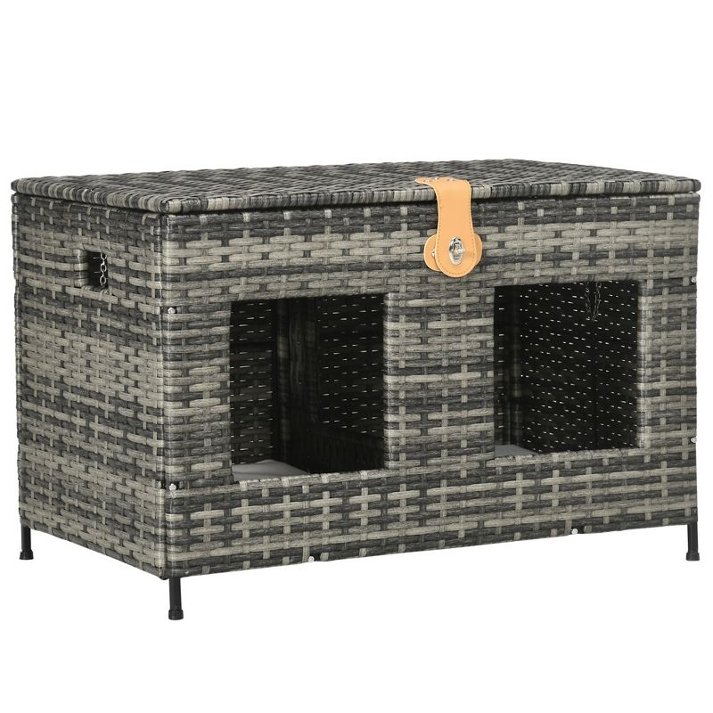 PawHut Rattan Cat Bed with Removable Divider, Double-Room Wicker Cat Beds for Indoor Cats, Pet Furniture for 2 Cats, Cushions, Outdoor Indoor, Gray, 1 of 7