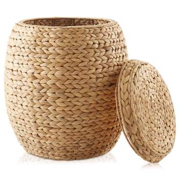 Casafield Round Storage Basket with Lid - Handwoven Water Hyacinth Hamper for Laundry, Blankets, Plants