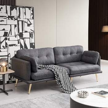3-Seater Cotton and Linen Upholstered Sofa with Gold Metal Legs - ModernLuxe
