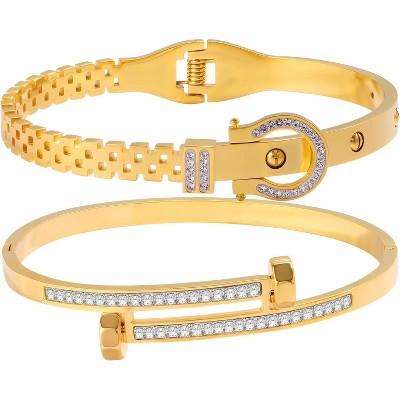 2PCS Gold Bracelets for Women Friendship & Love Theme Crystal Bangle Set Stainless Steel Non Tarnish Jewelry
