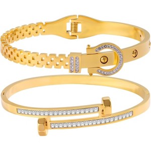 2PCS Gold Bracelets for Women Friendship & Love Theme Crystal Bangle Set Stainless Steel Non Tarnish Jewelry - 1 of 4
