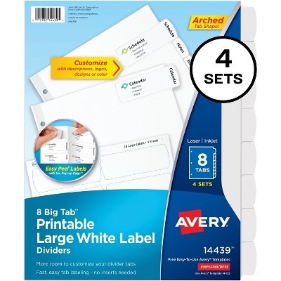 Avery Easy Peel Lrg Tab Dividers 8-Tab 4/PK White 14439