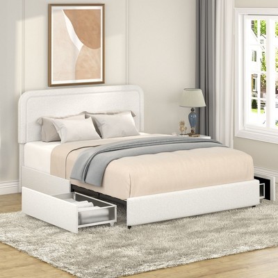 NicBex Queen Upholstered Bed Frame with Curve Stitched Tufted Headboard,Platform Bed Frame with Drawers,No Box Spring Needed,Easy Assembly,Ivory
