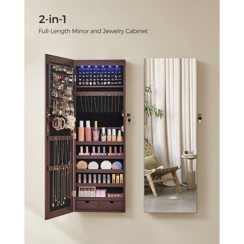 SONGMICS 6 LEDs Mirror Jewelry Cabinet 42.5-Inch Tall Lockable Wall or Door Mounted Jewelry Armoire Organizer with Mirror, 4 of 9