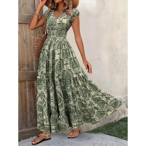 Women's Printed v-Neck Midi Dress with Defined Waist, Flowy a-Line Maxi for  Wedding Guest & Summer Green flowers,XL : Target