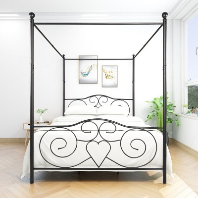 FURNIinspire Beds Queen Size Metal Canopy Bed Frame, Vintage Platform Bed with Headboard Footboard, Bedroom Furniture, Black, 83.5"*61"*76.35"