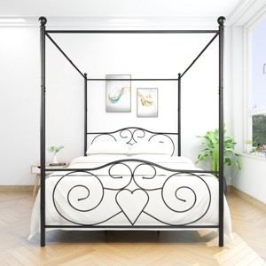 FURNIinspire Beds Queen Size Metal Canopy Bed Frame, Vintage Platform Bed with Headboard Footboard, Bedroom Furniture, Black, 83.5"*61"*76.35" - 1 of 4