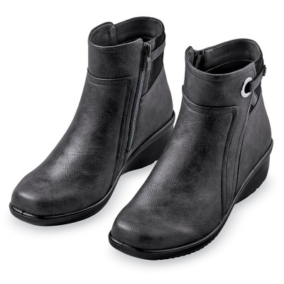 Collections Etc Stylish Knit Trimmed Side Zipper Faux Leather Ankle Boots