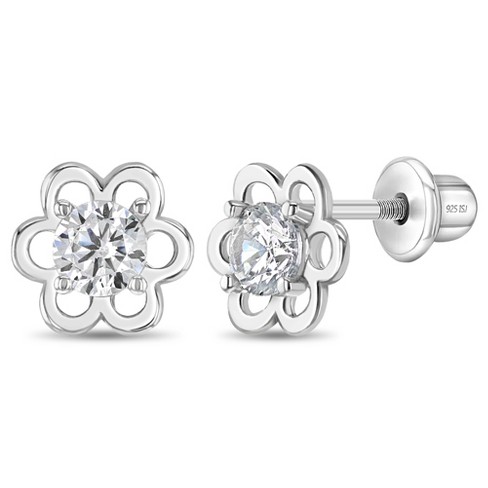 925 Sterling Silver Clear CZ Flower Screw Back Earrings For Little Girls