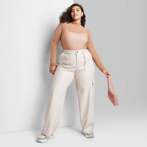 Beige High Rise Wide Leg Pants