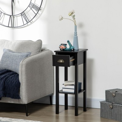 Black Rectangular Wood End Table with Drawer and Shelf