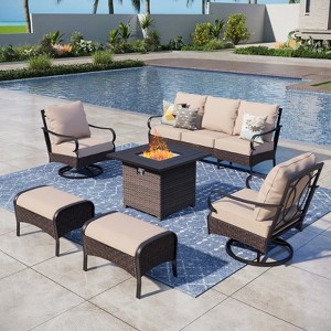 Captiva Designs 6pc Extra Large Metal and Rattan Outdoor Patio Fire Pit Set with Swivel Armchairs and Ottomans - 1 of 4