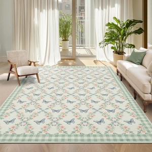 Washable Rug Colorful Floral Butterflies Living Room Rug Low Pile Ultra Soft Foldable Non Slip Carpet Stain Resistant Non Shedding Thin Floor Cover - 1 of 4