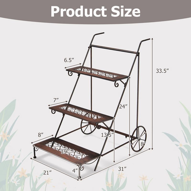 Tangkula 3-Tier Metal Plant Stand Ladder Shaped Flower Pot Holder Storage Rack w/ Wheels, 4 of 11
