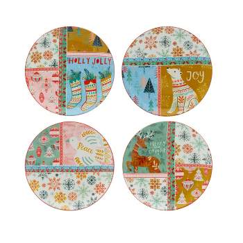 Fitz & Floyd Cottage Christmas Holiday Set of 4 Assorted Salad Appetizer Plates, 8.25 Inch, Multicolored