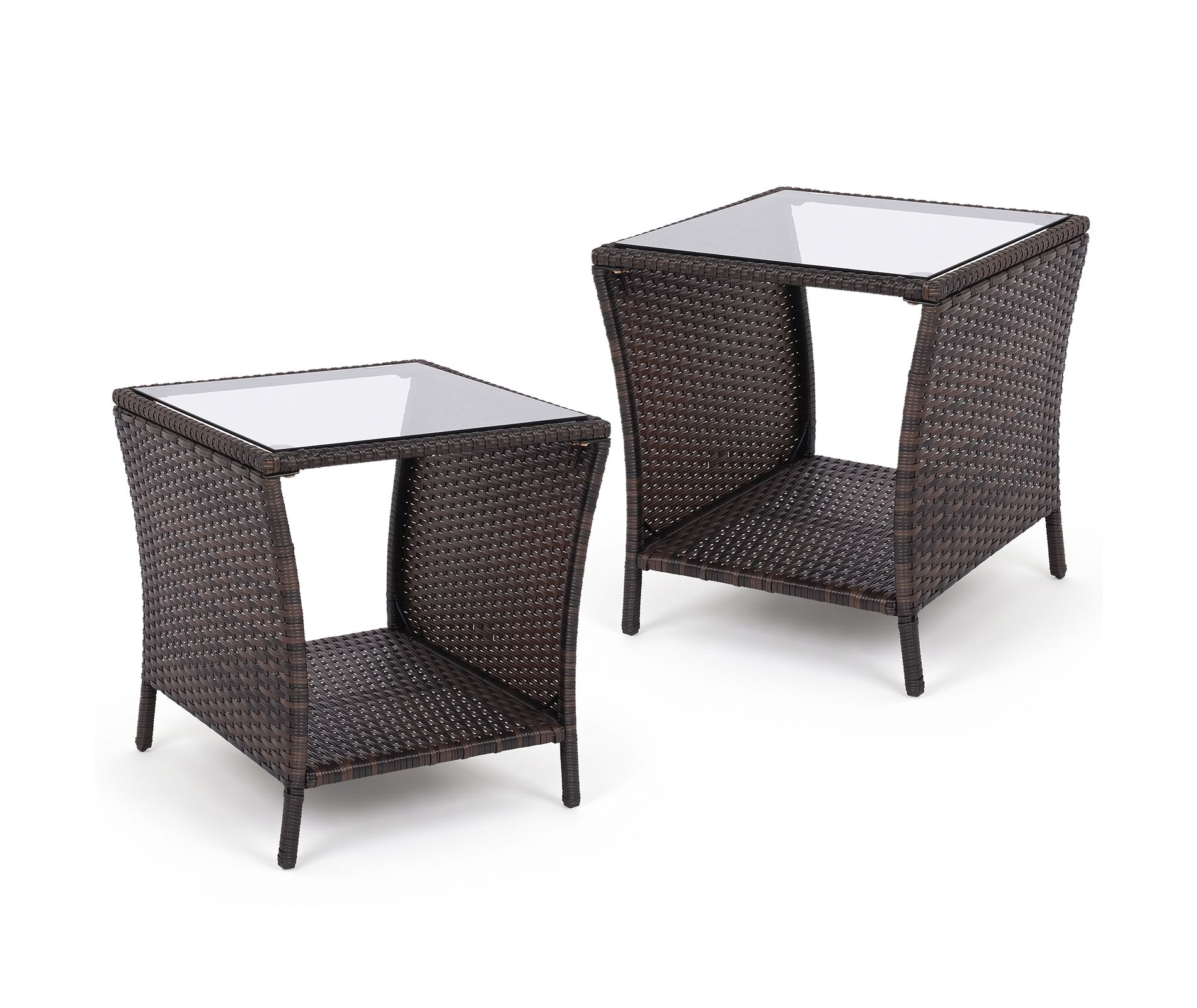 Costway 2 PCS Outdoor Wicker Side Table with Tempered Glass Top, Storage Shelf, Metal Frame