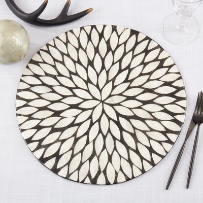 Black and White Floral Capiz Shell Round Placemats, Set of 4